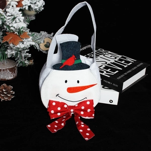 Festive white felt snowman gift bag with black hat and red bow tie for Christmas decor