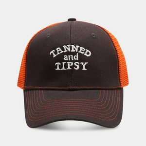 Mesh trucker hat with TANNED and TIPSY 3D embroidery and breathable orange netting