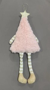 Close-up of pink plush Christmas tree ornament with gold sequins and long striped legs