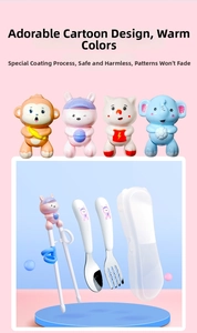Close-up of children cartoon cutlery set including training chopsticks spoon and fork