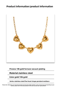 Detail of 18K gold-plated stainless steel paperclip chain with five heart pendants