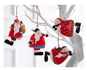 Retro iron Santa ornaments with hanging ropes on white branches for Christmas decor