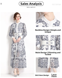 Detailansicht weißes Spitzenkleid mit blauem Blumendruck, Lampionärmeln und Gürtel