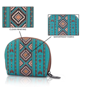 Detail view of teal geometric card holder showing waterproof fabric and clear printing