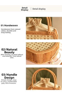 Detailed view of handmade rattan basket bag with inner canvas drawstring pouch