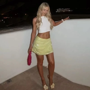 Jupe Courte Sexy À Paillettes Pour Femmes Taille Haute Ligne A Brillant Polyester Pour Fête Club Style Hot Girl Jaune