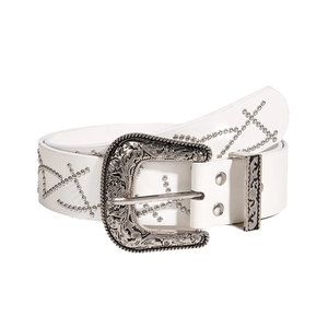 White punk leather belt with vintage silver carved buckle and metal rivet studs
