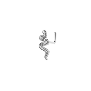Detailed macro view of an L-shaped silver nose stud with a textured snake-shaped design