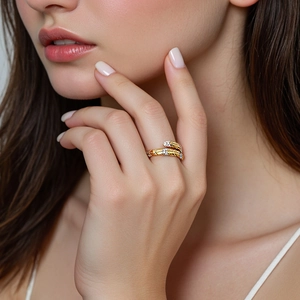 S925 Sterling silver snake-shaped feather ring with pavé cubic zirconia for women
