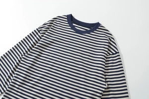 Close-up of navy and cream striped long sleeve T-shirt with round neck and cotton texture