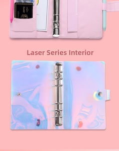 Detail of A6 binder interior featuring card slots, pen loop and 6-hole metal ring