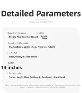 Detailed specifications for 14-inch 5-opening photo frame with plastic frame and acrylic glass