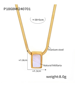 Detailed view of titanium steel snake chain with white shell pendant and size specs