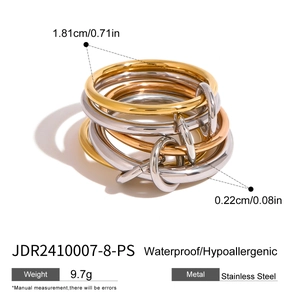Intertwined gold, silver, and rose gold stainless steel stackable ring for women