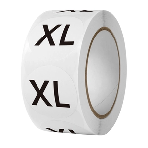 Roll of 1 inch round white apparel size stickers with clear black XL print for clothing