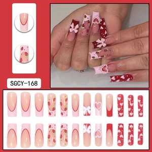Pink heart and strawberry press-on nail set with bows and pearls, 24-piece full kit