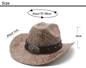 Tableau détaillé des tailles de chapeau de cowboy avec clous étoiles et boucle taureau