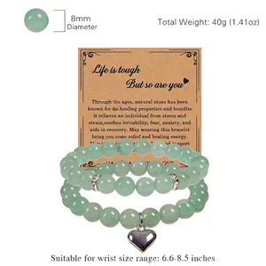 Set de 3 bracelets en perles d'aventurine verte avec breloque cœur et carte cadeau