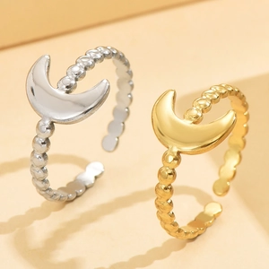 Minimalist Moon Open Ring Stainless Steel 18K Gold Plated Adjustable Beaded Texture Vintage Style For Women