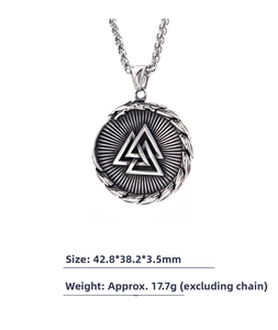 Detail view of Valknut Viking pendant with dimensions 42.8x38.2x3.5mm and 17.7g weight