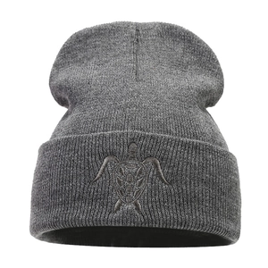 Dark grey ribbed knit beanie with sea turtle embroidery for winter warmth and outdoor style