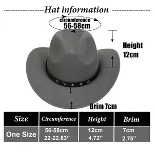 Detailed size guide for western cowboy hat showing circumference, height and brim width