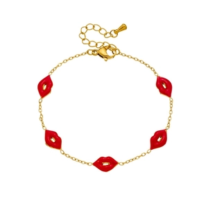 Bracelet en acier doré avec cinq breloques lèvres en émail rouge et fermoir mousqueton réglable