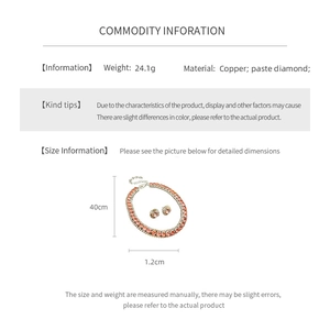 Detailed size chart for square diamond necklace and earrings jewelry set in copper