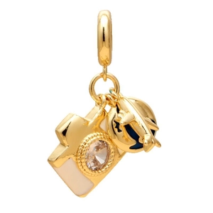 Gold pendant set with vintage camera and blue globe featuring mini airplane travel motif