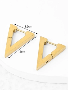 Detail of golden triangular earrings with brushed texture on a stone stand, 2cm size