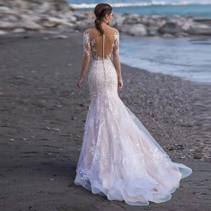 Off-Shoulder Meerjungfrau-Hochzeitskleid mit langen Ärmeln, Spitze und langer Schleppe