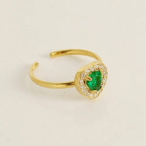 18K gold plated heart emerald open ring with cubic zirconia accents for women