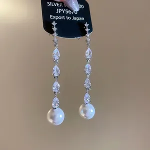 Elegant S925 silver water drop zirconia earrings with long pearl tassel drops