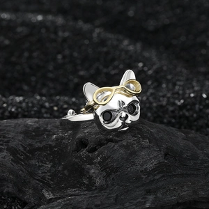 S925 sterling silver French bulldog ring with gold goggles and black zircon eyes
