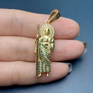 Religious Saint Jude pendant necklace in gold-plated copper with green and white zircons