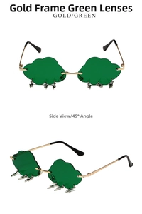 Green cloud-shaped sunglasses with gold metal frame and silver lightning charms