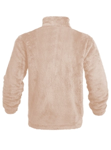 Detailed back view of a soft fleece jacket featuring a high collar and warm plush texture