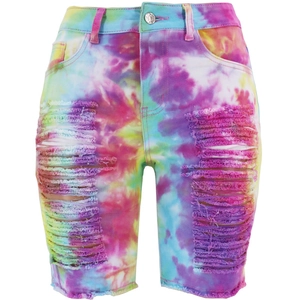 High waist tie-dye denim shorts with distressed ripped holes and fringe details