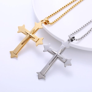 Polished 18k gold and silver gothic triple layered cross pendant necklaces on box chains