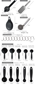 Detailed size guide with measurements for silicone kitchen utensils and measuring sets