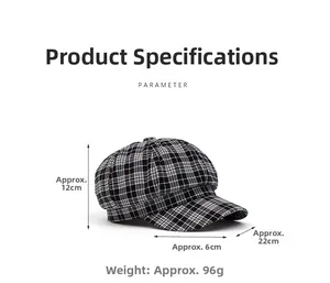 Detailed size parameters of the black and white plaid newsboy hat with dimensions
