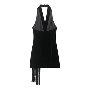 Elegant black velvet halter mini dress with side fringe details on white background