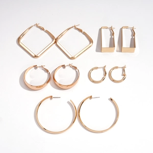 10-piece gold geometric earring set with square and round metal hoop designs