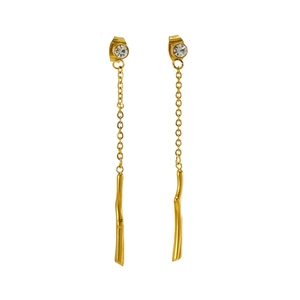 Elegant gold stainless steel drop earrings with round crystal stud and wavy tassel link