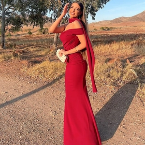 Détail de la robe bustier rouge moulante avec de longs rubans sur fond de désert au coucher du soleil