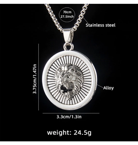 Detail view of lion head pendant with dimensions 3.75x3.3cm and 70cm steel chain