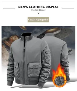 Detail of grey men's flight jacket showing quilted lining and utility arm pocket