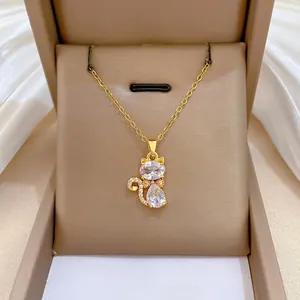 Collier Pendentif Chat Mignon Chaîne En Acier Titane Cuivre Zircon Bijoux De Clavicule Scintillants Pour Femmes