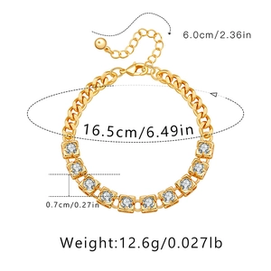 Gold-plated Cuban chain bracelet size chart with clear dimensions and zircon details