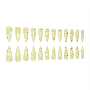 Long stiletto press-on nails set in lemon yellow with colorful glitter and sequins